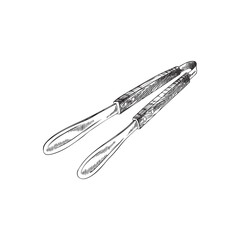 Tongs with wooden handle item for barbecue and grill, hand drawn