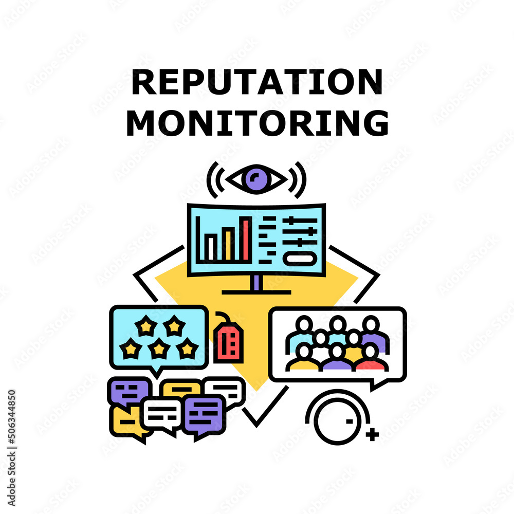 Poster reputation monitoring vector icon concept. brand and company reputation monitoring in internet, rese