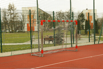 Soccer goalposts at outdoor sports complex on sunny day