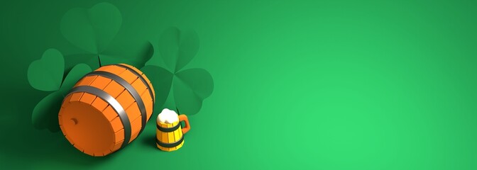 St. Patricks Day greeting card template. Shamrock leafs, tankard with beer and barrel. 3D render