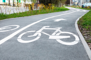 Two way bicycle lane with white markings on asphalt in city - obrazy, fototapety, plakaty