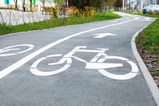 Two way bicycle lane with white markings on asphalt in city