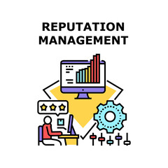 Reputation Management Vector Icon Concept. Reputation Management Making Marketing Manager In Internet, Make Settings Of Network Advertisement And Review In Social Media. Color Illustration