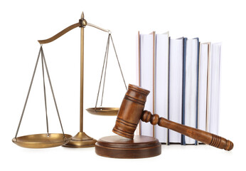 Wooden gavel, books and scales of justice on white background
