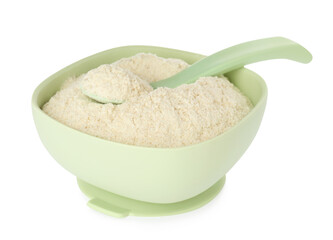 Dry healthy baby food in bowl on white background