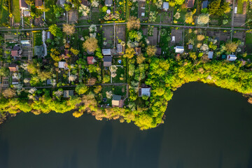 Colorful Small Plot Garden in Urban Area of Tarnow, Poland. Summer Lush Foliage. Drone Top Down View.