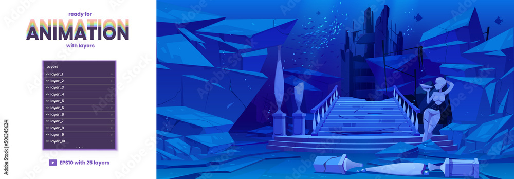 Poster ancient ruins on sea floor. old architecture with broken columns, statue and stairs sunken under wat