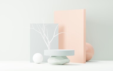 3d render abstract display podium platform for  product presentation and advertising. Minimal scene backdrop with clean design. Vacant pedestal for mock up. Empty stage with pastel color for cosmetic.