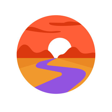 Logo of path river trail in wild nature landscape icon vector or pathway road valley modern print design flat illustration, desert horizon and sunrise, sunset dawn view in round circle shape image