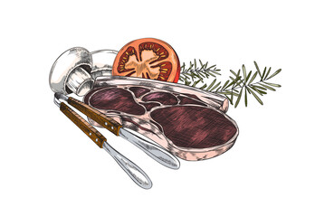 Grilled meat steak with vegetables and herbs, vector illustration isolated.