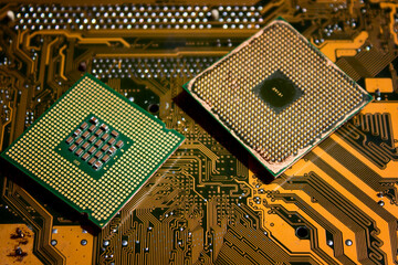 Isolated CPU or central processing unit on microcircuit background. Two CPU and two socket types....