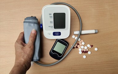 Portrait blood pressure monitor and pressure gauge of the patient, concept health care.