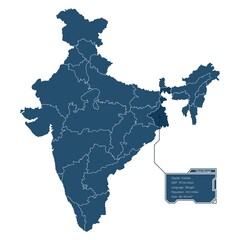 West bengal highlighted on indian map with holographic dialog box representing information about west bengal vector image.