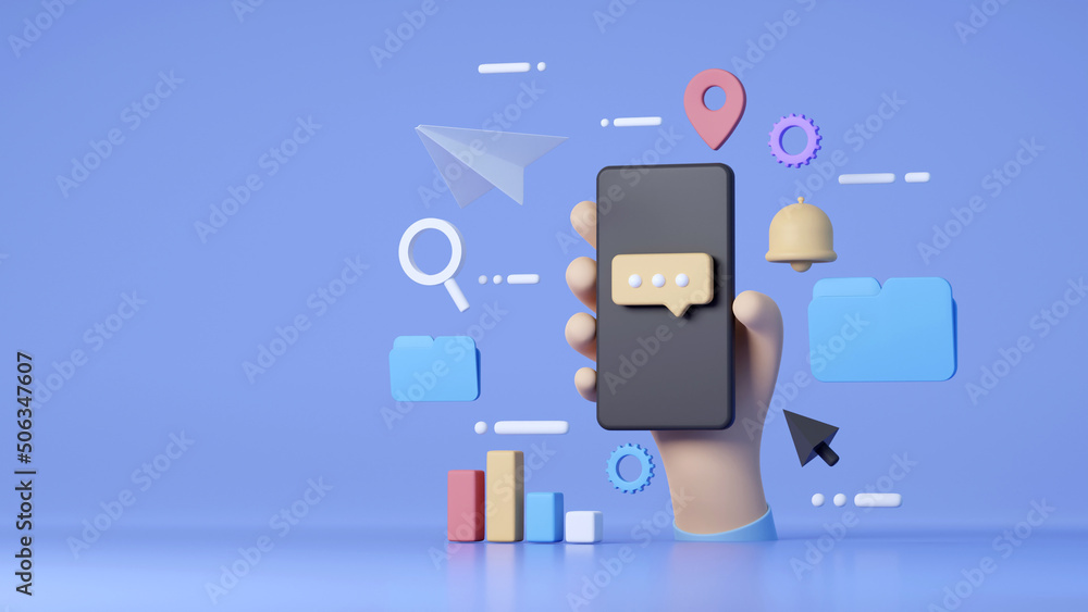 Poster hand holding smartphone and element icon, chat and message concept. 3d rendering