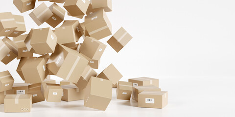 Cardboard boxes with empty space on left side, logistics and delivery concept. 3D Rendering