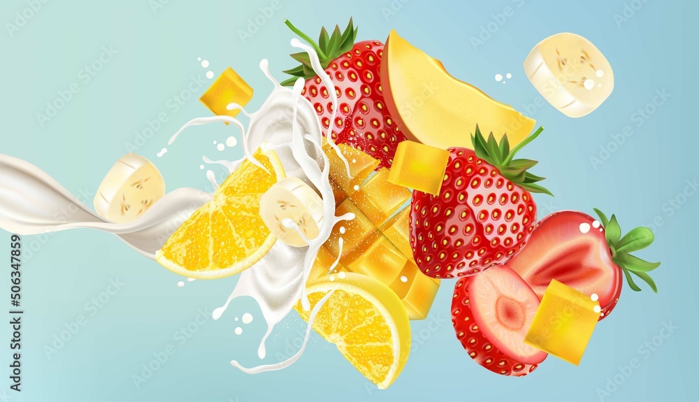 Poster Milk liquid splashing with Mix smoothie of Tropical fruits on solid color background. Vector in 3D illustrations. Packaging mock up, Food and Drink concepts.