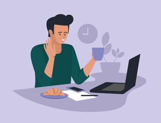 Online work. Man with a laptop. People and business. The working process. Infographics, presentation. Freelancer, work from home. Vector image.	