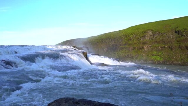 Beautiful cinematic view of Iceland Gullfoss waterfall in the Golden Circule