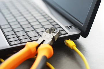 Information Technology. Laptop connected to the Internet. Information war.