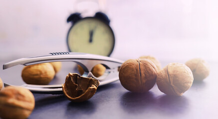 Walnuts in a shell on a gray background. Nutcracker and scattering of nuts.