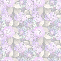 Seamless retro floral pattern in pastel colors. Light lilac flowers, beige leaves on a light gray background.