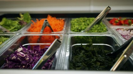 Colorful salad bar options, shredded and prepped vegetables fill bins on salad bar, slider 4K