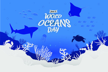 World oceans day to help protect and conserve world oceans.Vector paper cut style.