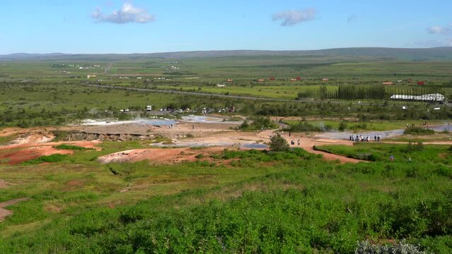Impressive view of Icelands Geysir Geisir in the Golden Circule, the geothermal activity and a attraction for tourists in Iceland