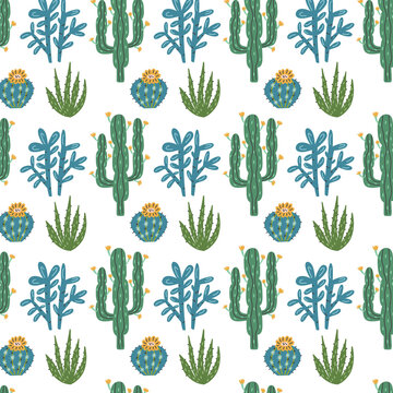 Green cactus aloe plant pattern. Nature botanical western cactus background hand drawn doodle naive vector art. Cute digital paper fabric textile wallpaper 