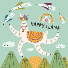 Happy bouncing llama among the mountains. Alpaca animal nature print hand drawn doodle naive design vector art illustration. Happy lama
