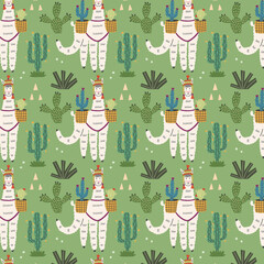 Mexican llama among green cacti pattern. Alpaca character animal background hand drawn doodle naive vector art. Cute digital paper fabric textile wallpaper