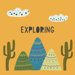 Yellow print with mountains cacti nature. Nature print hand drawn doodle naive design vector art illustration. Exploring
