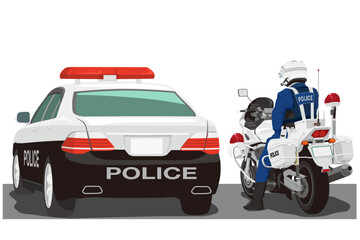 パトカーと白バイ隊員 © まんもす