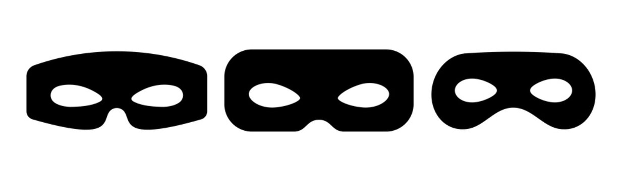 Superhero or thief mask with eye slits vector black icon set. Masquerade costume mask silhouette hidden villain or burgar face. Simple design carnival incognito party masque clip art illustration.