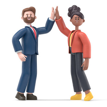 3D illustration of cartoon characters informal greeting. Happy cheerful cartoon characters giving high five.Business peoples working together. Successful partnership, friendship and cooperation.