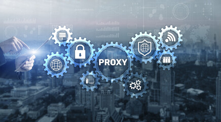 Proxy. Network administrator access the proxy server. Technology concept