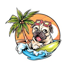 Pug Dog Summer chill Holiday with surf and swim premium vector