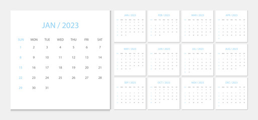 Calendar 2023 week start Sunday corporate design template vector.