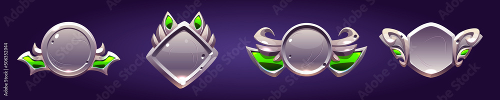 Poster silver award badges with fantasy frames and green decorative elements.vector cartoon icons set of ga