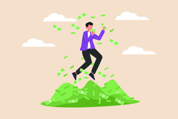 Happy young Businessman jumping on pile of money and flaying money because high profit. Finance Management. Colored flat vector illustration isolated.