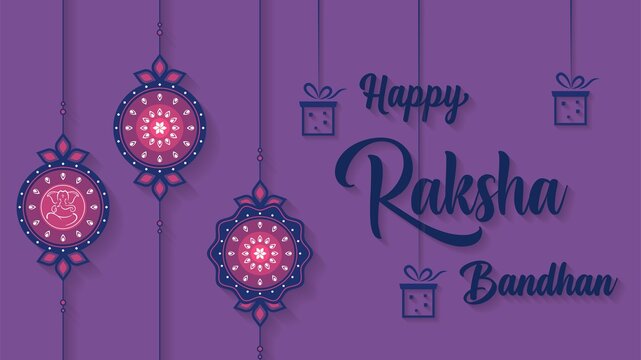 Happy Raksha Bandhan Caption Situated on Purple Background With Gift Box And Rakhi Vector Image.