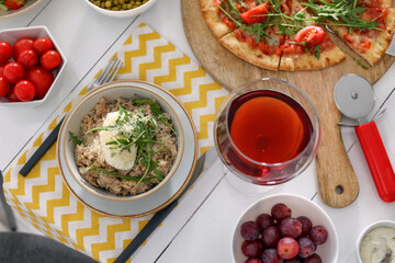 Many different dishes served on buffet table for brunch, flat lay