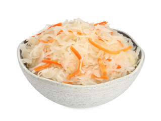 Bowl of tasty sauerkraut with carrot on white background