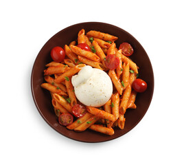 Delicious pasta with burrata cheese and tomatoes isolated on white, top view