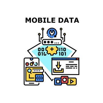 Mobile Data Vector Icon Concept. Mobile Data Storaging On Smartphone Gadget, Application Safe Private Information With Password. Security App And System For Download Multimedia Color Illustration