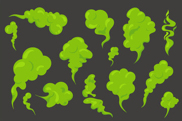 Bad smeeling clouds set. Green fart toxic smoke. Cartoon stinky old nasty odor fumes poison gas. Dirt aroma stench. Vector concept isolated on white background
