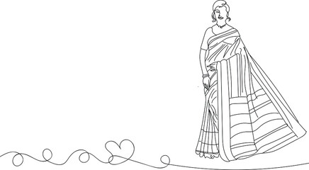Indian Saree logo, Indian Fashion Illustration, Sketch drawing of Indian woman wearing indian traditional dress Saree, Vector Silhouette of Saree Dress