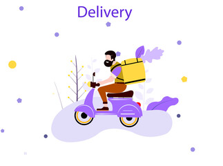 food delivery app tracking moped courier with ready food, technology and logistics concept, city skyline in background