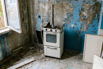 Kitchen in abandoned apartment at the ghost town Pripyat. Chernobyl exclusion zone