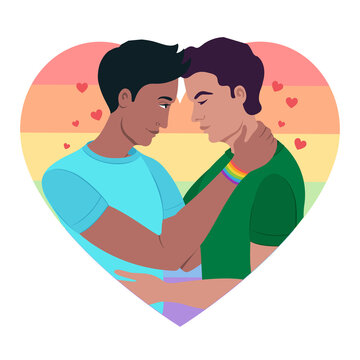 two gay guys hugging LGBT flag and enjoying pride